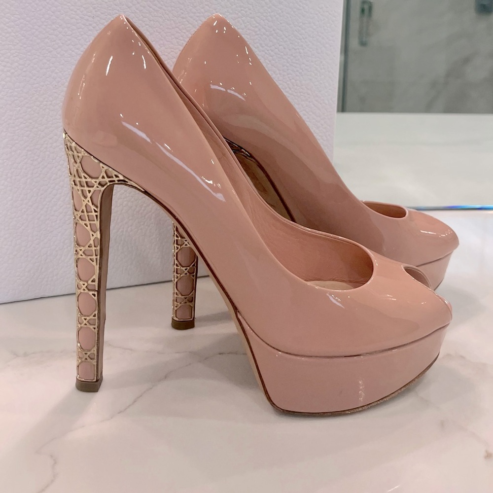 Dior Patent Leather Cannage Heel Peep Toe Platform Pumps Size 38